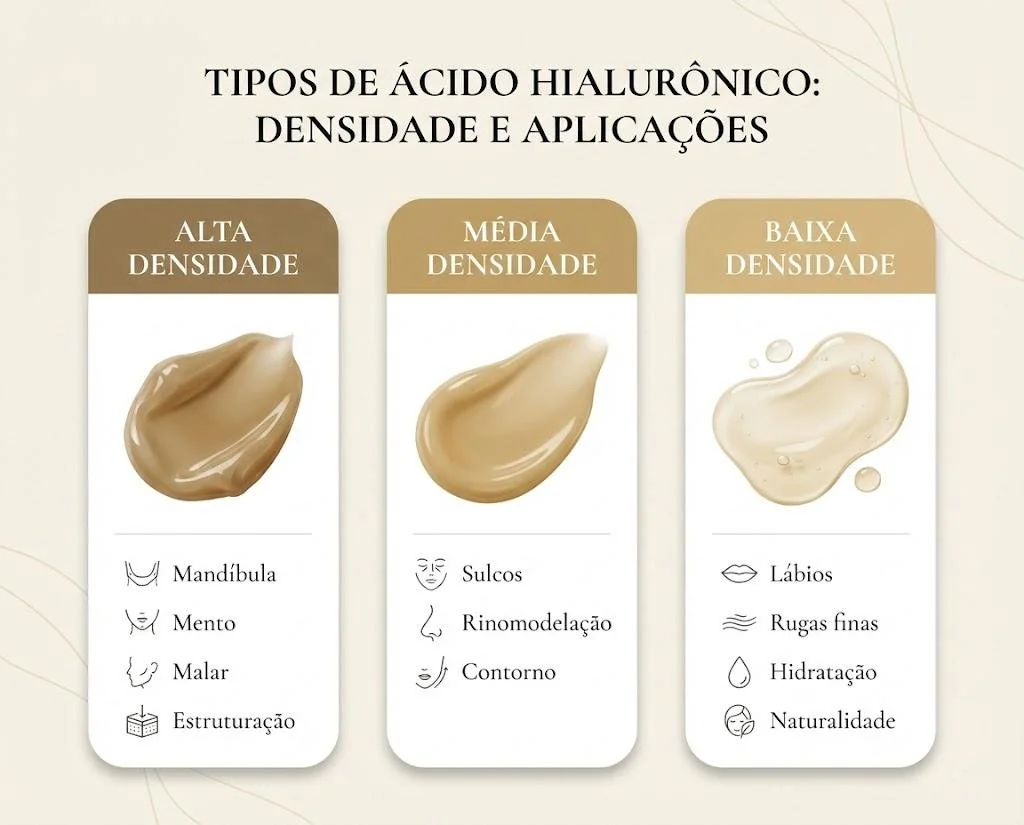 Infográfico mostrando os três tipos de ácido hialurônico por densidade: alta densidade para mandíbula e mento, média densidade para sulcos e rinomodelação, baixa densidade para lábios e hidratação
