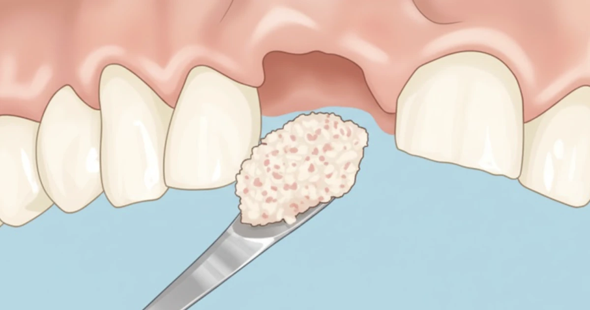 Ilustração de enxerto ósseo dental mostrando procedimento de reconstrução óssea