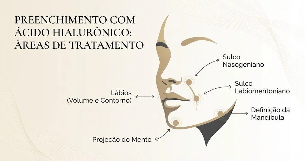 Ilustração de perfil facial mostrando as principais áreas de aplicação do preenchimento com ácido hialurônico: lábios, sulco nasogeniano, sulco labiomentoniano, definição da mandíbula e projeção do mento