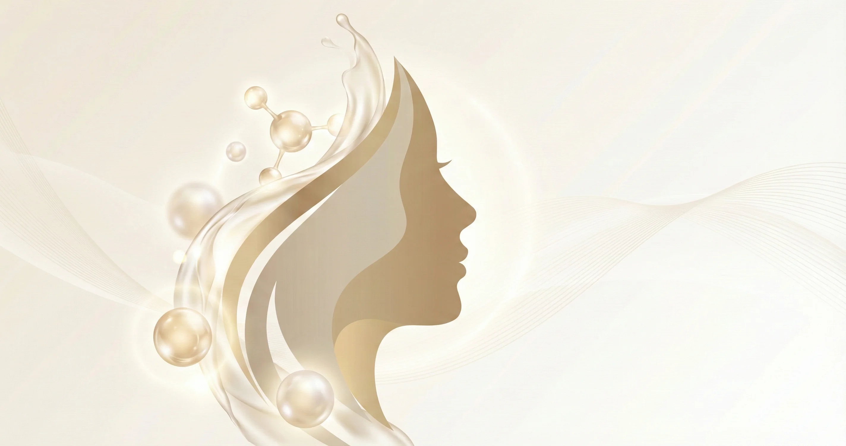 Silhueta elegante de perfil feminino com elementos abstratos representando hidratação e moléculas de ácido hialurônico