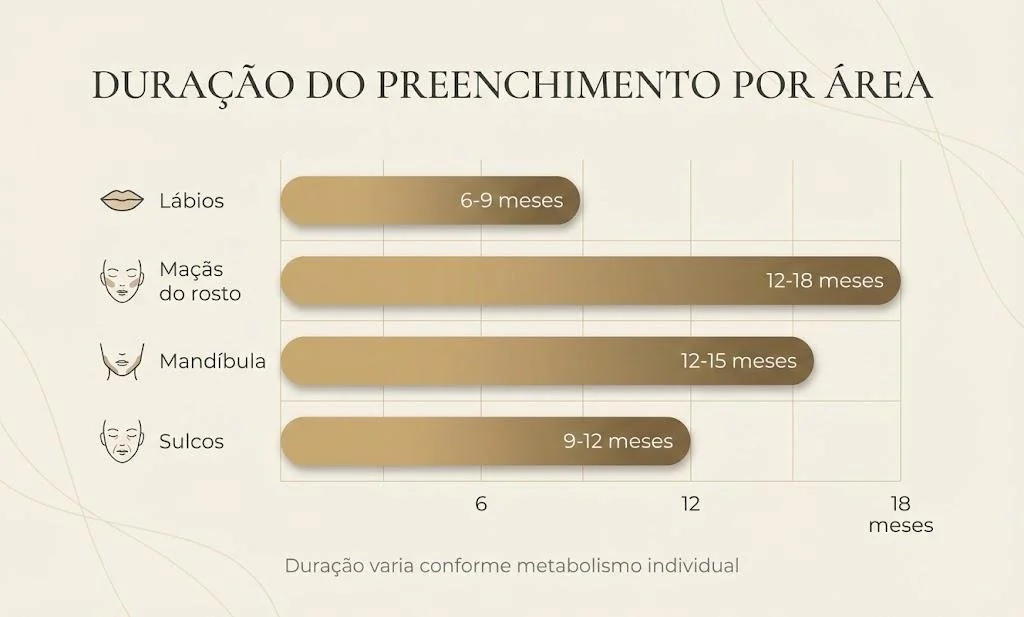 Gráfico de duração do preenchimento por área: lábios 6-9 meses, maçãs do rosto 12-18 meses, mandíbula 12-15 meses, sulcos 9-12 meses. Duração varia conforme metabolismo individual
