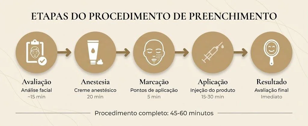 Infográfico das etapas do procedimento de preenchimento: avaliação (15 min), anestesia (20 min), marcação (5 min), aplicação (15-30 min) e resultado imediato. Procedimento completo em 45-60 minutos