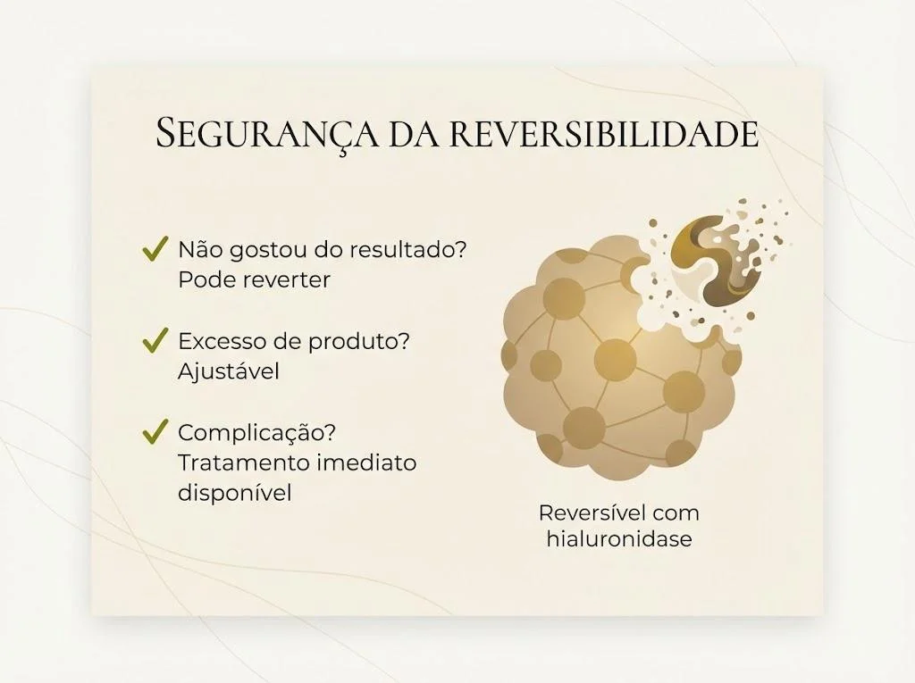 Infográfico sobre a segurança da reversibilidade do ácido hialurônico: não gostou do resultado pode reverter, excesso de produto é ajustável, complicação tem tratamento imediato disponível com hialuronidase